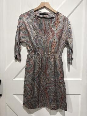 Zara Woman 100% Silk Paisley Print Midi Dress, Size XS